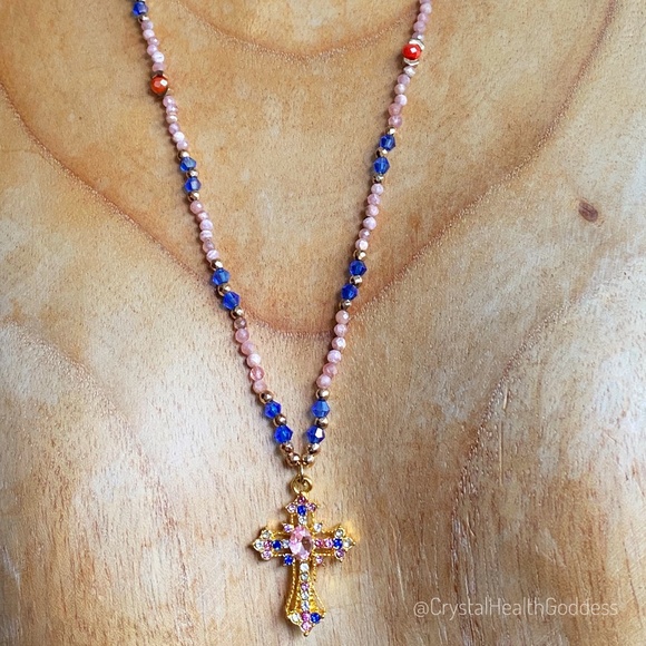 Rhodochrosite with Austrian Crystals Christian Cross Necklace - Picture 5 of 11